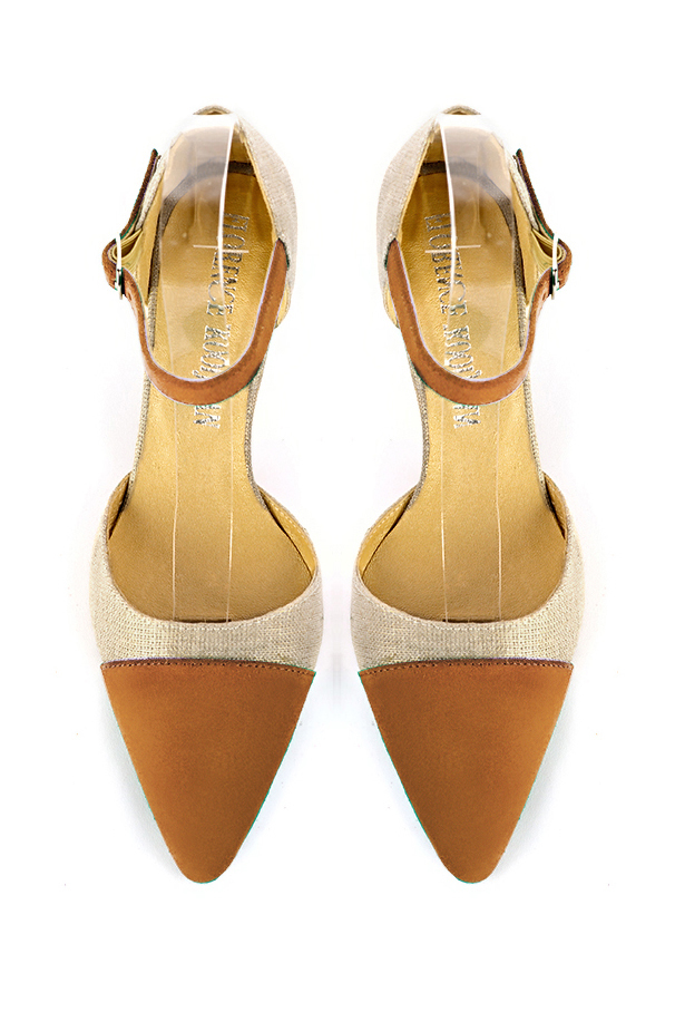 Women's camel beige and gold elegant closed-back heels, with an instep strap. Tapered toe. Medium comma heels - Top view
